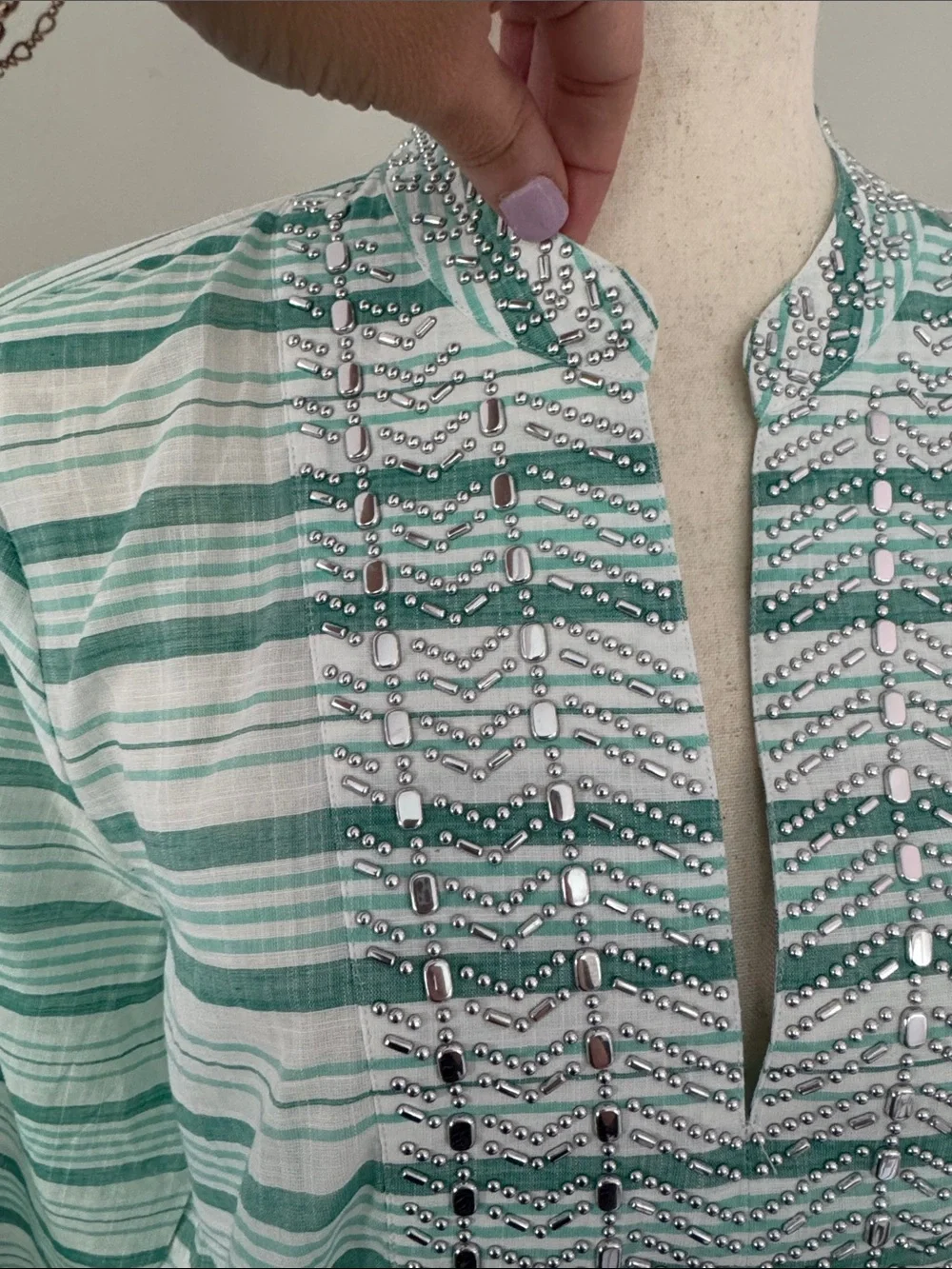Michael Kors Mint and White Striped Embroidered Tunic